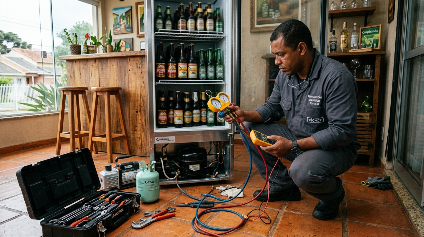 Profissional executando reparo no motor de cervejeira em Natal‑RN