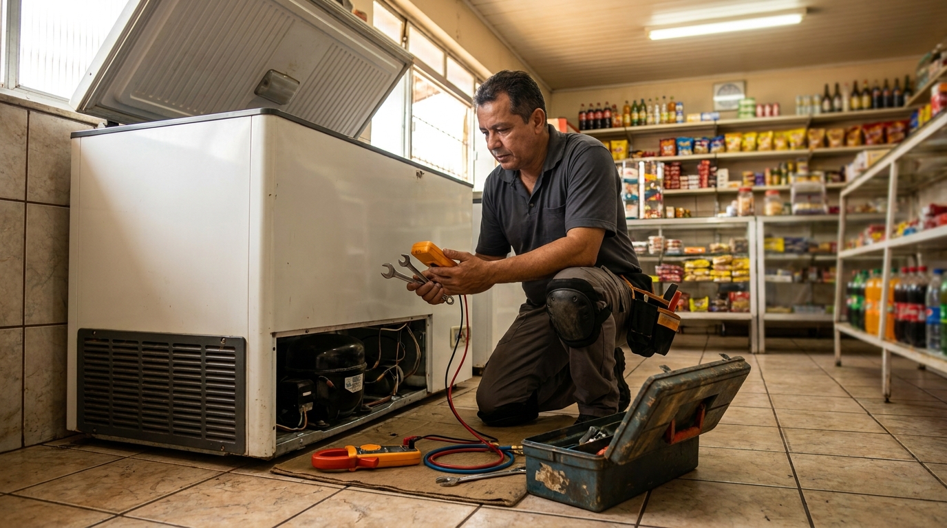 Profissional executando manutenção no motor de freezer em Natal‑RN