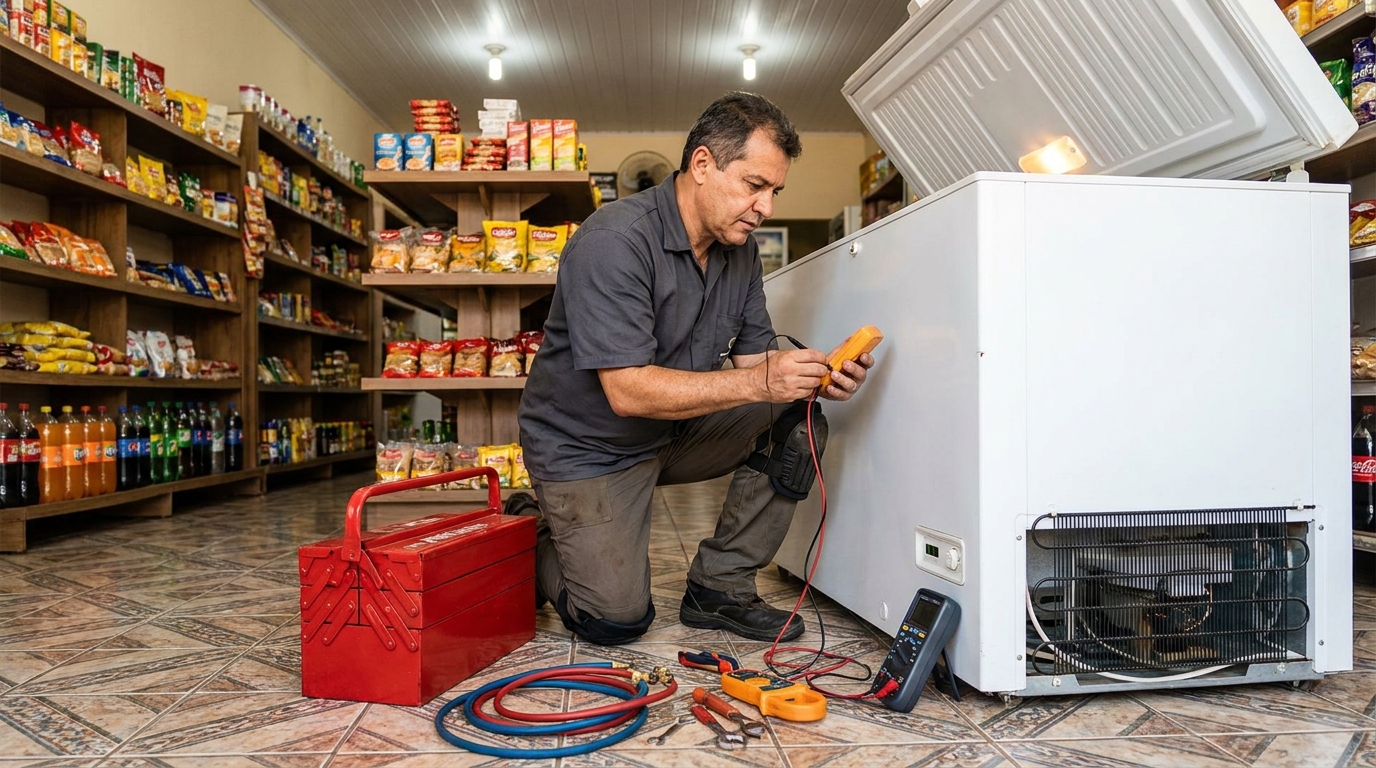 Recarga de gás refrigerante no freezer durante atendimento em Natal‑RN